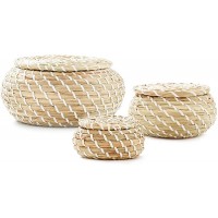 Americanflat Woven Seagrass Storage Baskets with Lids Handmade Decorative Storage Baskets for Shelves Set of 3 - B87Y0BMJL