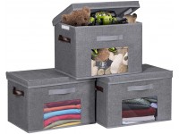 DAMAHOME Storage Bins Lidded Collapsible Storage Cube with Window Fabric Closet Baskets Cloth Organizer with Handles for Home Nursery Bedroom Dormitory Pantry and Office 3 Pack Gray 17"x12"x12" - BSQ5ZZ4DS