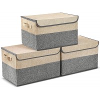 E-MANIS Storage Bins with Lids set of 3 Foldable Storage Boxes with Lids Storage Baskets Storage Containers Organizers with for Toys,Clothes and Books 15.7 x 11 x 9.8 inches Grey and Beige - BIJ0V01IH