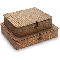 Flat Seagrass Storage Bins with Lid Small Wicker Basket Shelf Wardrobe Organizer Set of 2 - BIKWJU4IS