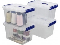 Hespama 6 Quart Storage Bin Plastic Latching Box Container with Clear Lid Dark Blue Handle and Latches 4 Packs - B8714WWXH