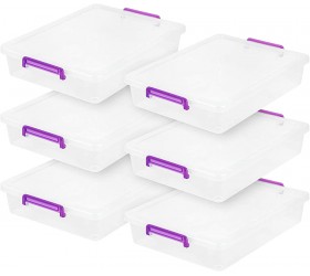 IRIS USA 6 Qt. Large Flat Plastic Modular Storage Bin Tote Organizing Container with Durable Lid and Secure Latching Buckles Stackable and Nestable 6 Pack Clear and Purple - BEVCJ48UT
