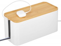 mDesign Cable Management Box Storage Organizer for Power Strips Cords Surge Protectors Hide Loose Wires in Home Office Desks Entertainment Centers Small White Natural Bamboo Wood Lid - BKUN97ZTB