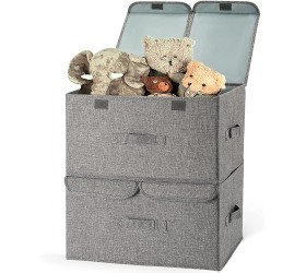 Storage Bins with Lids Large Foldable Fabric Storage Boxes with Divider[2 Pack] Collapsible Basket Organizer Bins with Handles for Shelf Clothes Toys Storage Closet etc Gray - BOMR82OC8