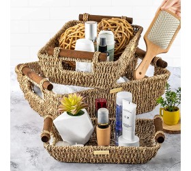 ADO Basics Wicker Basket with Stain Resistant Wooden Handles Seagrass Wicker Baskets for organizing 14.6x10.5x5.3 and 13x7.4x5.1 and 9.5x6.6x4.5 Set of 3 - BFTUCHSPO