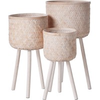 Bloomingville Set of 3 Round Bamboo Floor Baskets with Wood Legs Brown - B1GX1HHFY