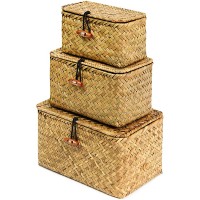 FEILANDUO Shelf Baskets with Lid Set of 3 Handwoven Seagrass Storage Box Wicker Basket Desktop Makeup Organizer Multipurpose Container Original S M L - BTP33KSD2