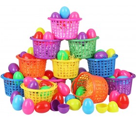 MCEAST 12 Pieces Easter Egg Baskets with Handle 60 Pieces Colorful Fillable Plastic Easter Eggs Empty 240g Colorful Easter Grass Raffia Paper for Easter Party Toddler Boys Girls - B1M567D35