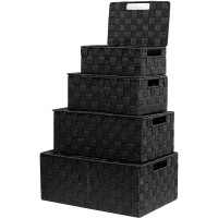 VK Living Storage Baskets Woven Basket Bin Container Tote Cube Organizer Set Stackable Storage Basket Woven Strap Shelf Organizer Built-In Carry Handles Lid Bins 4 Pack Black - B4625ZGQM