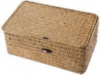 Vosarea Rattan Storage Basket,Straw Seaweed Basket Hand-Woven Storage Basket Multipurpose Container with Lid for Desktop Home Decor 9inch - B03B21B0J