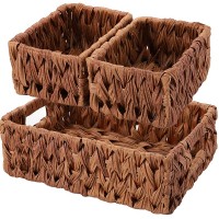 Yopay Set of 3 Hand-Woven Storage Baskets Wicker Baskets for Organizing Rectangular Imitation Nesting Storage Baskets with Built-in Handles for Shelves Walnut Decorative Basket - BC9UOLVNM
