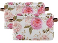 susiyo Large Foldable Storage Bin Floral Pink Roses Fabric Storage Baskets Collapsible Decorative Baskets Organizing Basket Bin with PU Handles for Shelves Home Closet Bedroom Living Room-2Pack - B2QZOHQLY