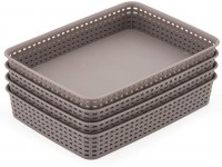 EZOWare Pack of 4 Large Gray Plastic Woven Storage Basket Trays 13.8 x 9.8 x 2.4 inch Knitted Drawer Divider Organizer Basket Bins - BAEV1H6DI