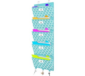 Over The Door File Organizer Hanging Wall Mounted Storage Holder Pocket Chart for Magazine Notebooks Planners Mails 5 Extra Large PocketsBlue withLantern Pattern - BS4E9BVHZ