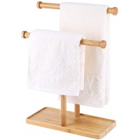 MaxGear Towel Rack Hand Towel Stand Double-T Hand Towel Holder Stand and Accessories Jewelry Stand Countertop Towel Holder for Bathroom Bamboo-1Pack - BKCAR5L9J