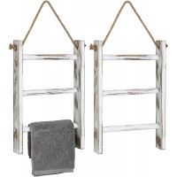MyGift 3-Tier Wall Hanging Towel Ladder Farmhouse Whitewashed Wood Mini Hand Towel Rack with Top Rope Set of 2 - B4H44QTZZ