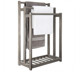 MyGift Freestanding Towel Rack for Bathroom Vintage Gray Wood 3 Tier Towel Bar Stand with Bottom Shelf - BE361G0OD