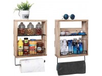 X-cosrack 3 Tier Rustic Wall Storage Shelf Organizer with Towel Bar Paper Rack 2 Pack- Floating Shelf with 2 Removable Wire Shelf+2 Wire Fence for Bathroom Kitchen Living Room Wood Hanging Mounted - BCKQX0AVI