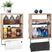 X-cosrack 3 Tier Rustic Wall Storage Shelf Organizer with Towel Bar Paper Rack 2 Pack- Floating Shelf with 2 Removable Wire Shelf+2 Wire Fence for Bathroom Kitchen Living Room Wood Hanging Mounted - BCKQX0AVI