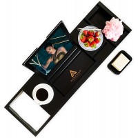 Auramor Bamboo Bathtub Tray Caddy Black Wide Expandable Luxury Bath | Wine Book Tablet Soap Holder | Non-Slip Rubber | Suction Cups Black - B692NGYX6