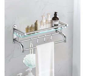 Bathroom Shelf with Towel Bar and 4 Hook Towel Rack Thicken Polished Stainless Steel Wall Mounted Glass Shower Shelf Rectangular 19.69Inch - B0QRQVV4P
