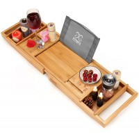 FITNATE Luxury Bathtub Tray Wooden Bathtub Tray with Extendable Sizes Adjustable Non-Slip & Durable Bathtub Tray Caddy with Wooden Body Brush,Wine Glass Slot Phone Tray Book Holder - B0M7TX9HH