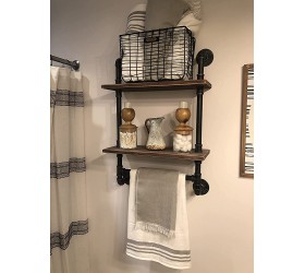 GGO Industrial Pipe Shelf,Rustic Wall Shelf with Towel Bar,24 inches Towel Racks for Bathroom,Pipe Shelves Wood Shelf Shelving 2-Tier - BJRHNATA0