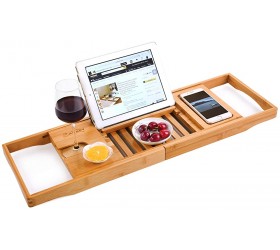 HANKEY Bamboo Bathtub Caddy Tray Extendable Luxury Spa Organizer with Folding Sides | Natural Ecofriendly Wood | Integrated Tablet Smartphone Wine Book Holders - BMMNXMWKN