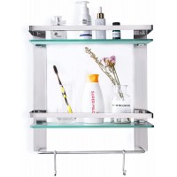 HOMEIDEAS Bathroom Tempered Glass Shelf 15 Inch SUS304 Stainless Steel Rustproof Brushed Nickel Wall Mounted with Towel Bar 2 Tier Frosted Glass Shelf - B9LDITJKX