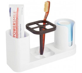 mDesign Plastic Bathroom Vanity Countertop Dental Storage Organizer Holder Stand for Electric Spin Toothbrushes Toothpaste with Compartment for Rinse Cups Compact Design White Bronze - BSLIXC6KS