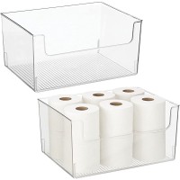 mDesign Plastic Open Front Bathroom Storage Bin Organizer for Body Wash Shampoo Lotion Conditioner Hand Towel Toilet Paper Hair Brush Mouthwash 16 Wide 2 Pack Clear - B0DOLB6K4
