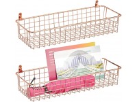 mDesign Wallmount Metal Storage Basket Tray with Handles Decorative Organizer for Hanging in Entryway Mudroom Bedroom Bathroom Laundry Room Small Hooks Included 2 Pack Rose Gold - BTCTNI200