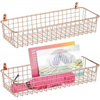 mDesign Wallmount Metal Storage Basket Tray with Handles Decorative Organizer for Hanging in Entryway Mudroom Bedroom Bathroom Laundry Room Small Hooks Included 2 Pack Rose Gold - BTCTNI200