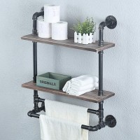 Womio Industrial Pipe Bathroom Shelves Wall Mounted with 2 Towel Bar,24in Rustic Wall Decor Farmhouse,2 Tiered Towel Rack Metal Floating Shelves Towel Holder,Wall Shelf Over Toilet - BTQP9ARBC