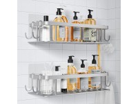 Bathroom Shower Organizer POTRAS Aluminum Shower Shelves with 4 Hook Wall Mounted Rustproof Shower Shelf for Inside Shower Shower Caddy Adhesive for Bathroom RV-No Drilling Shower Caddies – Sliver - BWQJAH63U