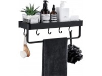 Black Shower Canday Shelf with 5 Hooks Bothroom Shelf with Towel Bar ， Rustproof Stainless Steel Wall Mounted Bathroom Shelves Adhesive Shelves Organizers for Kitchen Bathroom Laundry room 15.7inch - BFYTQKYCA