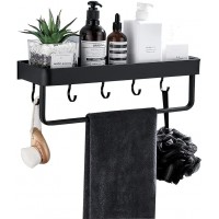 Black Shower Canday Shelf with 5 Hooks Bothroom Shelf with Towel Bar ， Rustproof Stainless Steel Wall Mounted Bathroom Shelves Adhesive Shelves Organizers for Kitchen Bathroom Laundry room 15.7inch - BFYTQKYCA