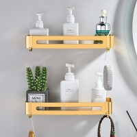 Shower Caddy No Drilling,Bathroom Shelf Wall Mounted-Shower Shelves with Hooks,Space Aluminum Bathroom Storage Rack-Organizer for Shampoo,Nail-free Glue Installation2 Tiers,Champagne Gold - BIBV67K19