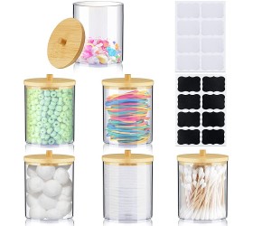 6 Pack Acrylic Qtip Holder Dispenser Bathroom Jars Set Round Pad Holder with Bamboo Lid Clear Plastic Stackable Ball Storage Container with 2 Pieces Removable Sticker Label for Bathroom Accessories - BA5UYZVUF