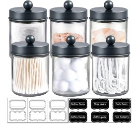 6 Pack Apothecary Jars Bathroom Vanity Organizer- Rustic Farmhouse Decor Storage Canister with Stainless Steel Lids- Qtip Dispenser Holder for Q-Tips,Cotton Swabs,Rounds,Ball,Flossers Grey - BCHW8KM06