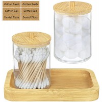 Aodaer 2 Pack Bathroom Canisters with Lids Bamboo Tray Cotton Ball Pad Round Swab Holder Acrylic Qtip Holder Dispenser for Home Bathroom Accessories Storage Organizer Small - BIEURB9YF