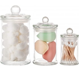KMwares 3PCs Set Small Mini Clear Glass Premium Quality Apothecary Jars Bathroom Storage with Lids Vanity Organizer Canisters for Cotton Balls Swabs Makeup Sponges Bath Salts Q-Tips Clear - BW3S0U9D8