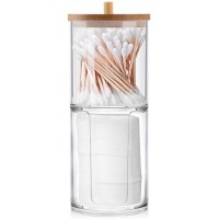 Qtip Holder Dispenser with Cotton Pads Jar Set Bamboo Lid Stackable Bathroom Counter Acrylic Organizer to Storage Cotton Ball Cotton Swab and Bath Salts - B3072TS22