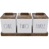 Rae Dunn Bathroom Containers for Organizing Storage Canister Set of 3 with Lids and Wood Tray Home Decor Bathroom Vanity Organizer Toilet Tank Topper Makeup and Accessories Holder - B0ZUYMX7C