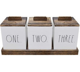 Rae Dunn Bathroom Containers for Organizing Storage Canister Set of 3 with Lids and Wood Tray Home Decor Bathroom Vanity Organizer Toilet Tank Topper Makeup and Accessories Holder - B0ZUYMX7C