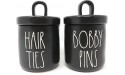 Rae Dunn by Magenta LL Black HAIR TIES and BOBBY PINS Jar Set 4 tall x 2.75 wide each Ceramic Jars Bathroom Bedroom Make Up Holder Storage Canister Organizer - B9JK4SYUU