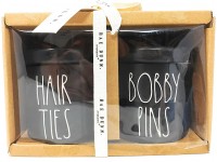 Rae Dunn by Magenta LL Black HAIR TIES and BOBBY PINS Jar Set 4" tall x 2.75" wide each Ceramic Jars Bathroom Bedroom Make Up Holder Storage Canister Organizer - B9JK4SYUU