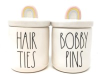 Rae Dunn by Magenta LL HAIR TIES and BOBBY PINS Jar Set with Rainbow Handles 4" tall x 2.75" wide each Ceramic Jars Bathroom Bedroom Make Up Holder Storage Canister Organizer - B30OMHPPF