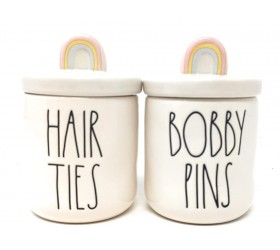 Rae Dunn by Magenta LL HAIR TIES and BOBBY PINS Jar Set with Rainbow Handles 4 tall x 2.75 wide each Ceramic Jars Bathroom Bedroom Make Up Holder Storage Canister Organizer - B30OMHPPF
