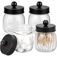 Suwimut 4 Pack Apothecary Jars Bathroom Storage Organizer Cute Qtip Holder Vanity Glass Canisters Mason Jar with Lid for Cotton Swabs Bath Salts Makeup Sponges Qtips Hair Accessories Black - BWQDOXPOV